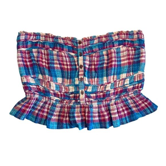 NWT Free People Women's Blue & Purple Plaid Peplum Tube Top Size Large - Picture 3 of 10